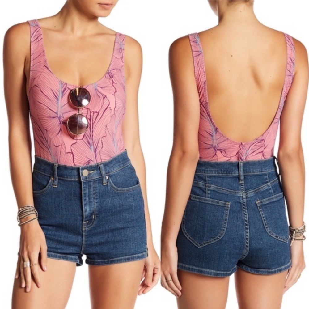Free People Ready For The Weekend pink palm bodysuit medium scoop neck